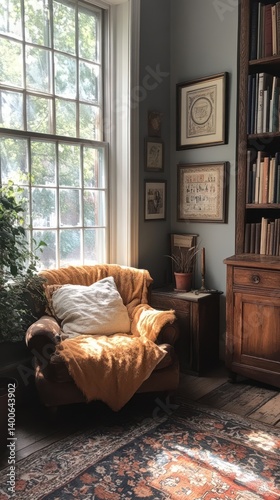 Cozy armchair near a window in a room with bookshelves and artwork.