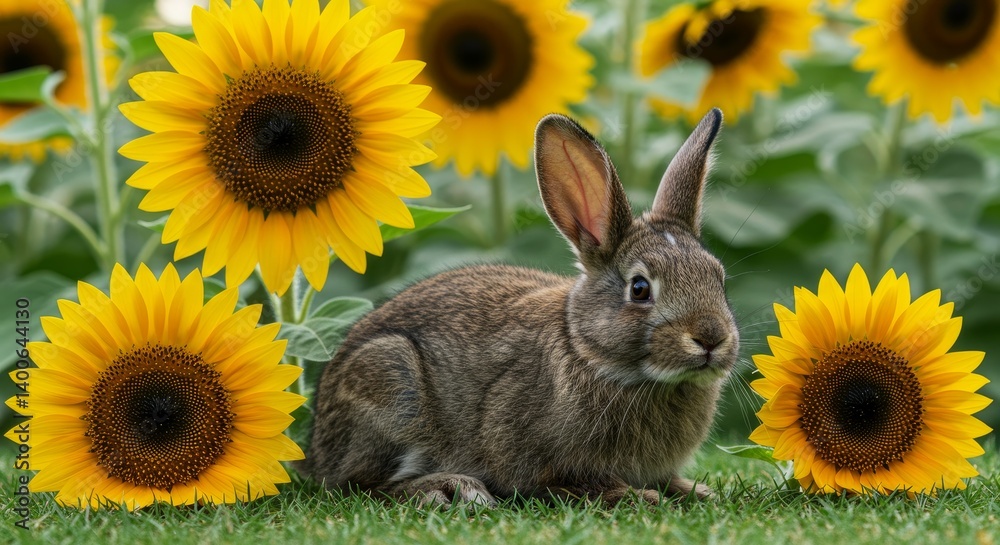 Bunny in Sunflower Field - Adorable brown bunny rabbit sitting amidst vibrant yellow sunflowers in a lush green field