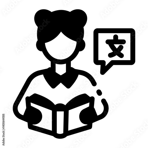 A linear style icon showing a character learn language 
