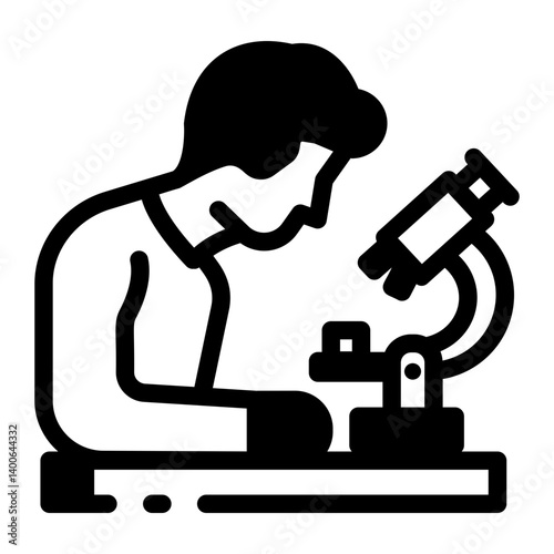 A linear style icon showing student research with a microscope 
