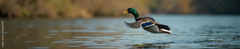 Fast-flying mallard above rippling lake surface, lake, anatidae, bird photography
