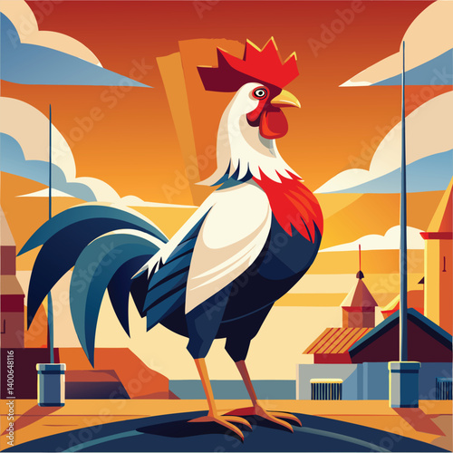 Funny cartoon rooster, a farm animal, crows in the morning sun