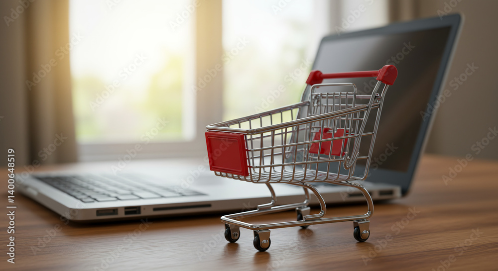 Online Shopping Concept with Miniature Shopping Cart on Laptop, E-commerce Retail, Digital Shopping, Online Deals, E-commerce Business, Retail Technology, Shopping Cart on Laptop Screen Online Shopping Concept with Miniature Shopping Cart on Laptop, E-commerce Retail, Digital Shopping, Online Deals, E-commerce Business, Retail Technology, Shopping Cart on Laptop Screen