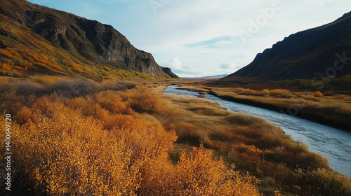 Frozen terrain of subarctic valley with smooth hills