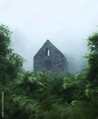 A forgotten stone chapel in the middle of an overgrown forest, surrounded by thick mist.

