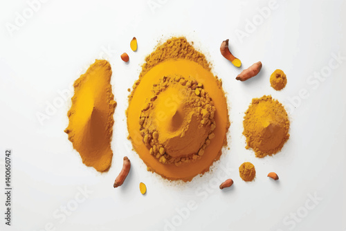 Turmeric powder pile in shape circle, isolated on white background, top view