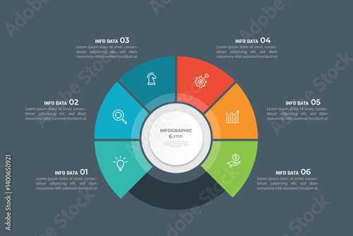 Pie Chart Glassmorphism Infographic Template With 6 Options, Steps, Parts, Segments. Vector Illustration For Business Financial Report