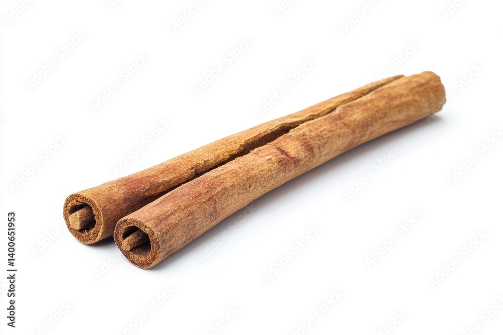 Two cinnamon sticks are on a clean and plain white background Two cinnamon sticks are on a clean and plain white background