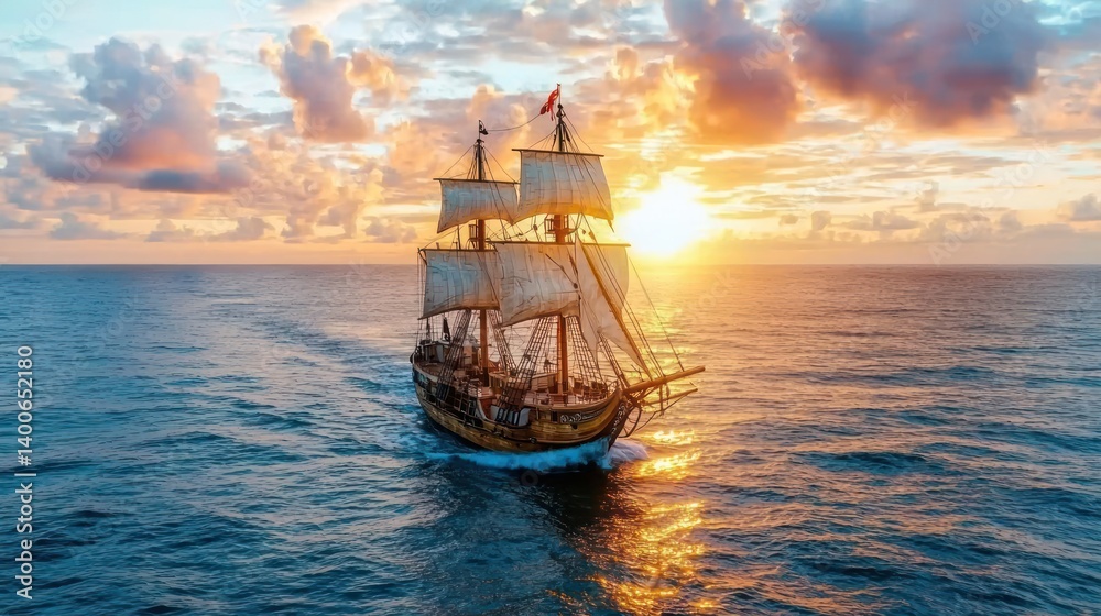Fototapeta premium Historic sailing ship at sunset