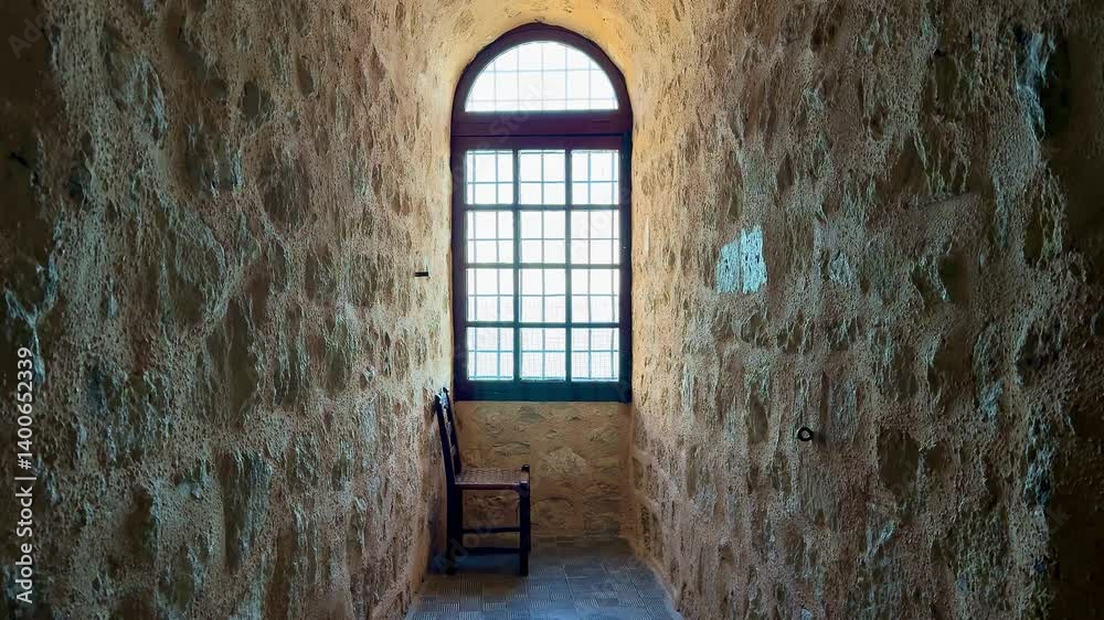 A serene and tranquil stone corridor, complete with a rustic chair and a beautifully lit window nearby, awaits you A serene and tranquil stone corridor, complete with a rustic chair and a beautifully lit window nearby, awaits you