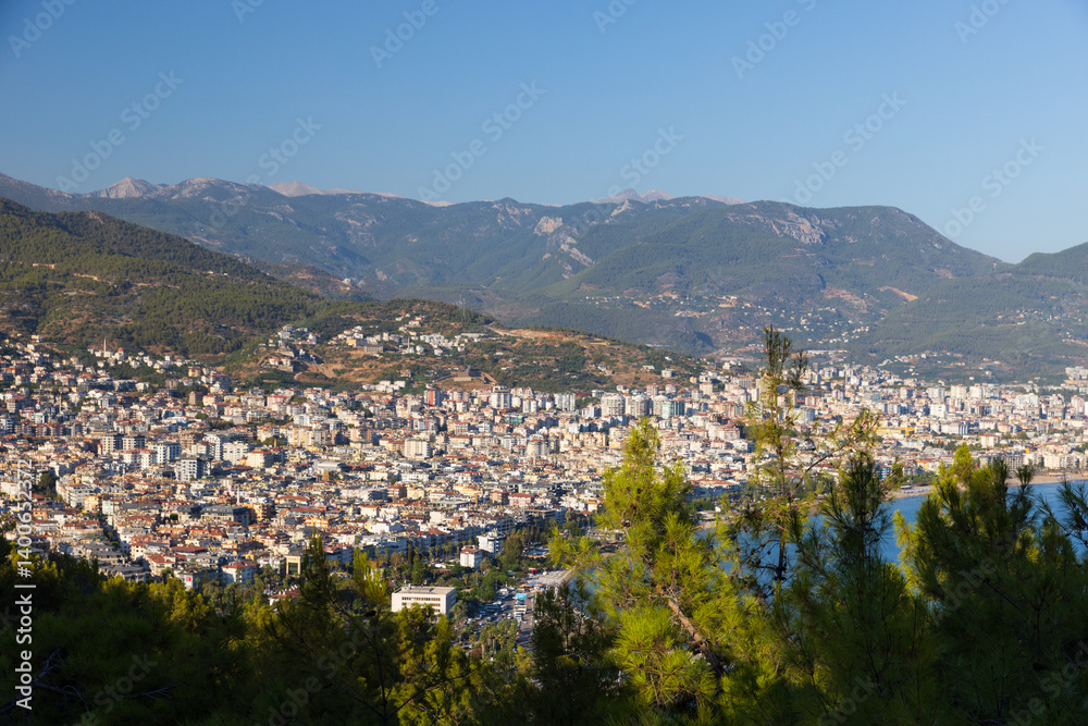 Scenic overlook of a coastal town surrounded by forested mountains