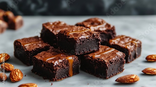 Chocolate brownies with gooey fudge center and crunchy almond topping 