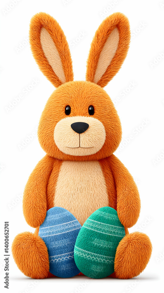 Obraz premium Orange plush bunny holding two decorated Easter eggs