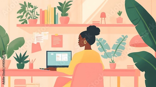 A quarterly update unfolds in a workspace with soft springtime touches where a woman leads a focused team discussion