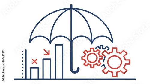 Umbrella with falling chart and gears in risk protection style