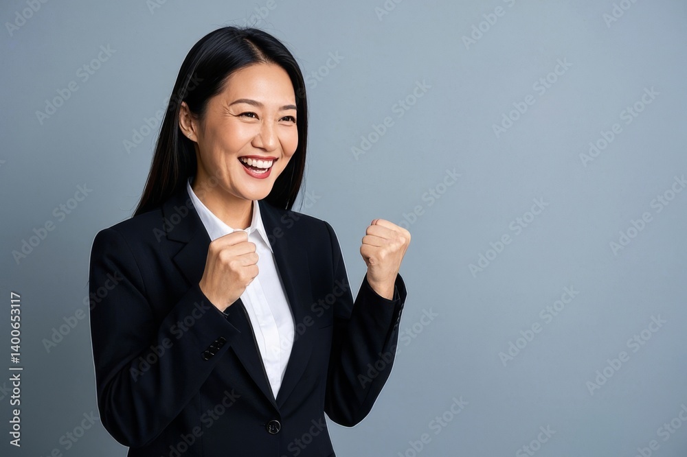 Cheerful Businesswoman Raising Fists on Gray Background