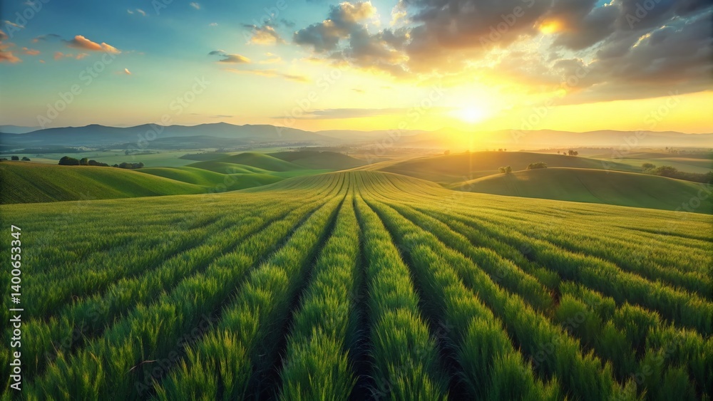 Aerial View Young Green Cereal Field, Lush Spring Wheat Field Landscape, 4K Drone Photography