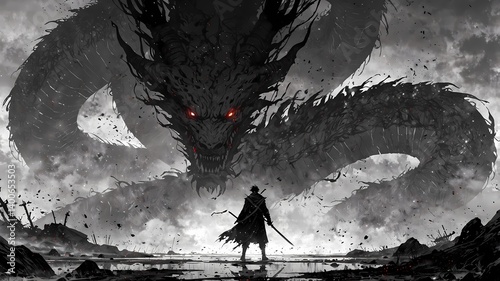 anime warrior facing the dragon, dark aesthetic, anime style digital art