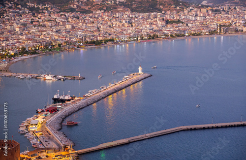 Obraz na płótnie Alanya, Turkey. Evening aerial harbor view with cityscape and lighthouse w salonie