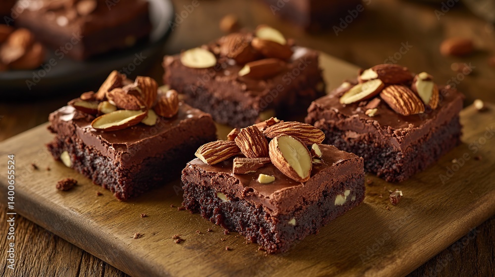 Chocolate brownies with gooey fudge center and crunchy almond topping