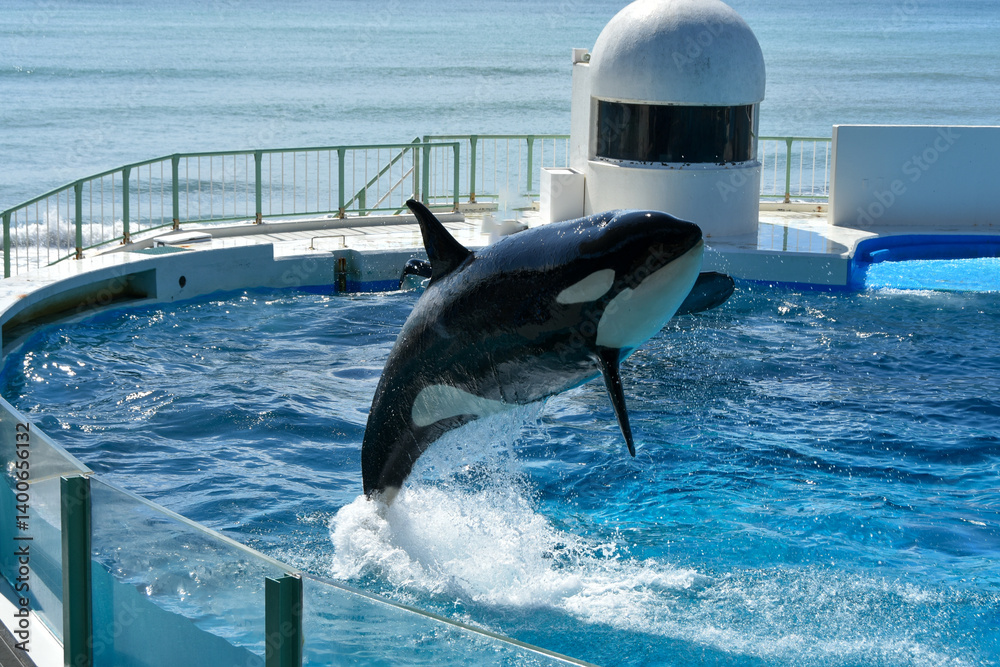 Obraz premium 大きなプールで大ジャンプするシャチ