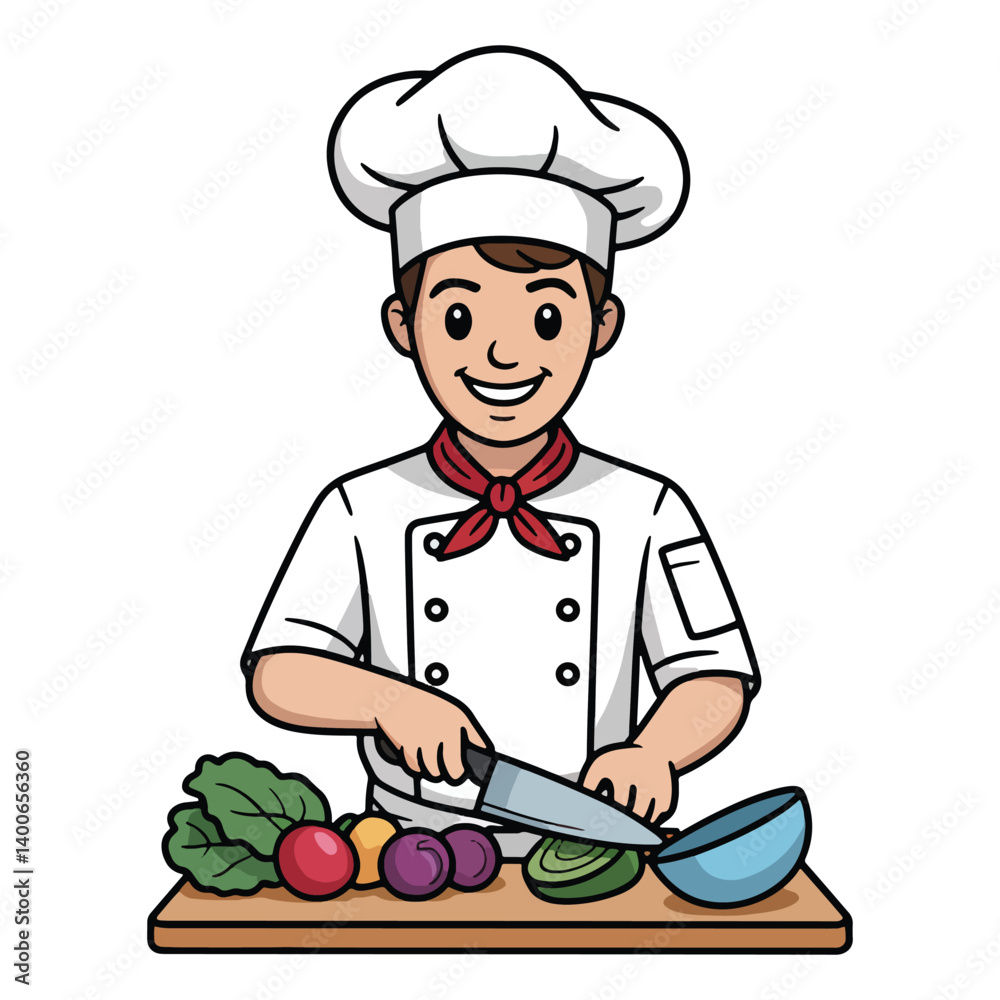 Cartoon chef chopping vegetables at table, cooking and food preparation illustration with ingredients Cartoon chef chopping vegetables at table, cooking and food preparation illustration with ingredients