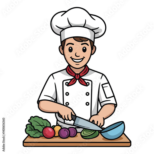 Cartoon chef chopping vegetables at table, cooking and food preparation illustration with ingredients