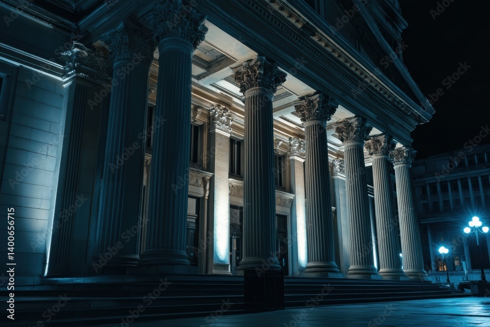 Fototapeta premium Government building illuminated at night showcasing classical architecture with striking shadows