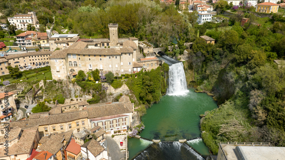 Aerial view of Isola del Liri, simply known as Isola Liri. It is an Italian city of Lazio, Italy, in the province of Frosinone. The town is famous for the waterfall in the historic center.