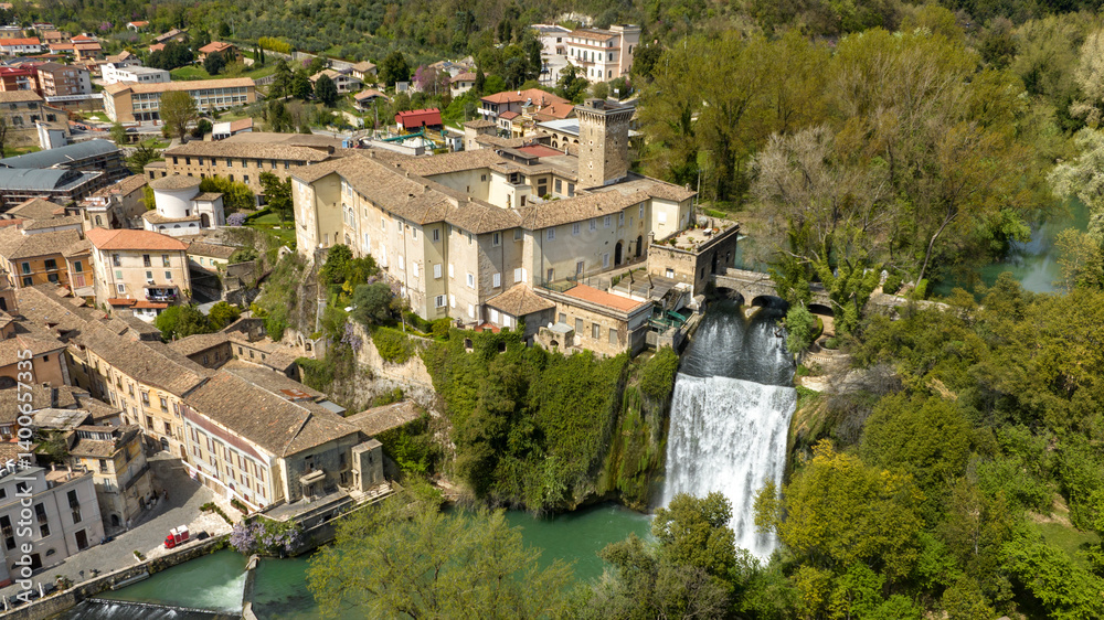 Aerial view of Isola del Liri, simply known as Isola Liri. It is an Italian city of Lazio, Italy, in the province of Frosinone. The town is famous for the waterfall in the historic center.