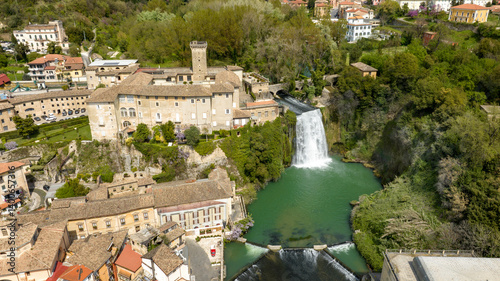 Obraz na płótnie Aerial view of Isola del Liri, simply known as Isola Liri. It is an Italian city of Lazio, Italy, in the province of Frosinone. The town is famous for the waterfall in the historic center. w salonie