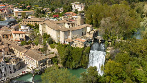 Obraz na płótnie Aerial view of Isola del Liri, simply known as Isola Liri. It is an Italian city of Lazio, Italy, in the province of Frosinone. The town is famous for the waterfall in the historic center. w salonie