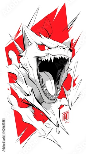 Angry stylized wolf with red background.