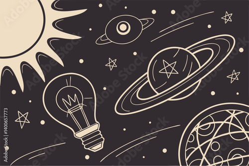 Vintage Space Light Bulb Idea Planets Sun Stars Line Art
