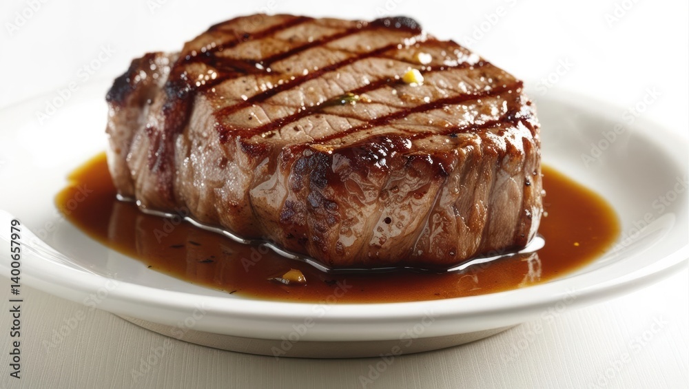 Juicy Grilled Steak Cooked To Perfection, Generously Drizzled With A Rich, Savory Sauce, Served With Fresh Herbs On A Rustic Wooden Board.