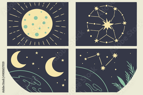 Celestial Day Night Sky Sun Moon Stars Constellations Vector Illustration