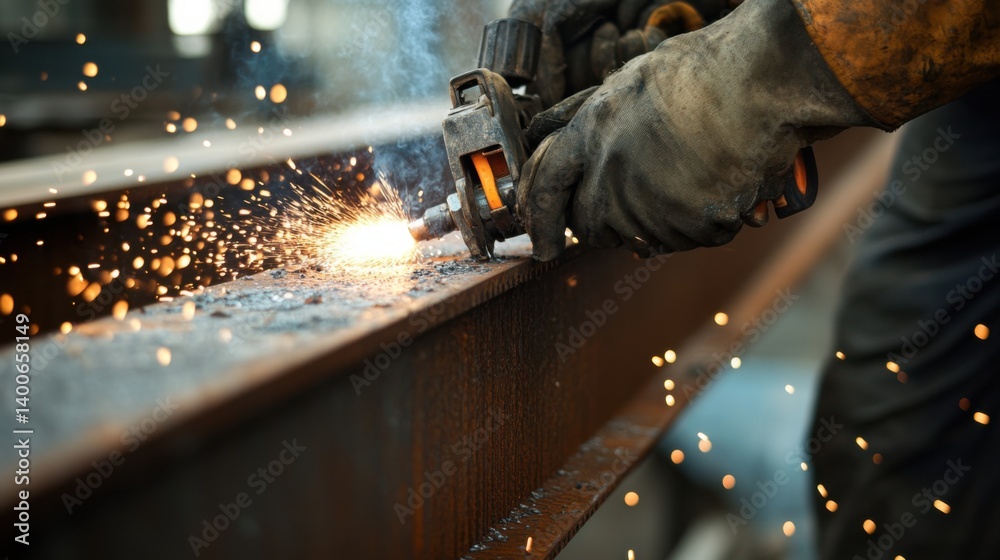 Steelworker cutting metal beams with a torch. Featuring precision and craftsmanship Steelworker cutting metal beams with a torch. Featuring precision and craftsmanship