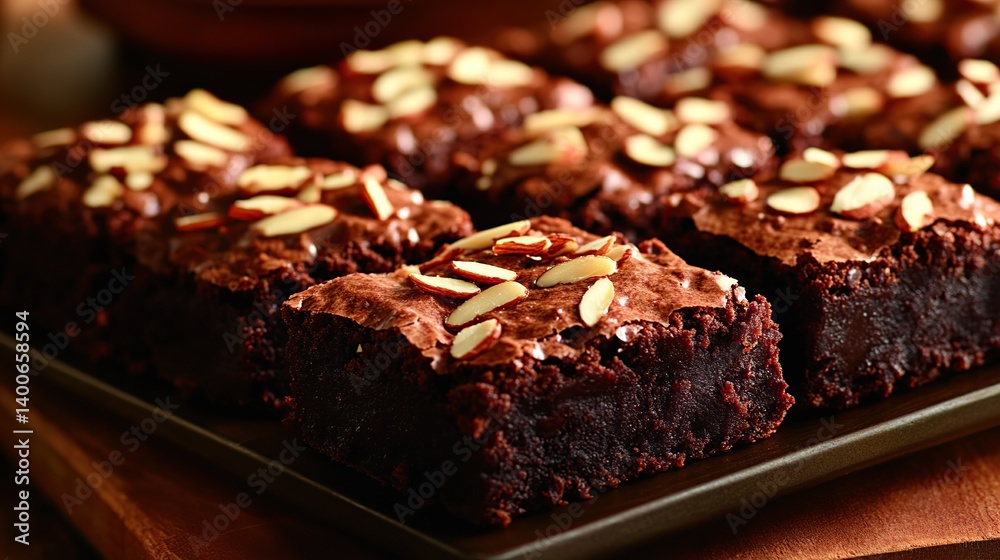 Chocolate brownies with gooey fudge center and crunchy almond topping