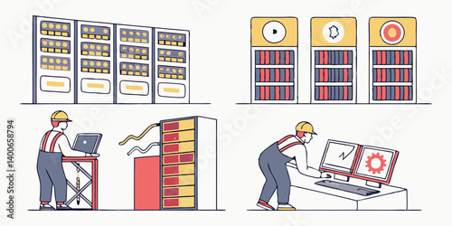 Cartoon IT Technician Maintaining Server Racks in Data Center Illustration