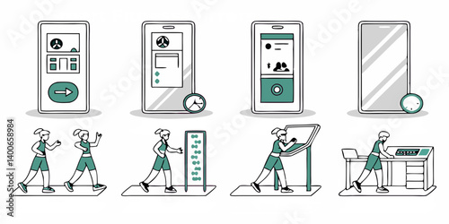 Mobile Fitness App Women Exercise Line Art Illustration