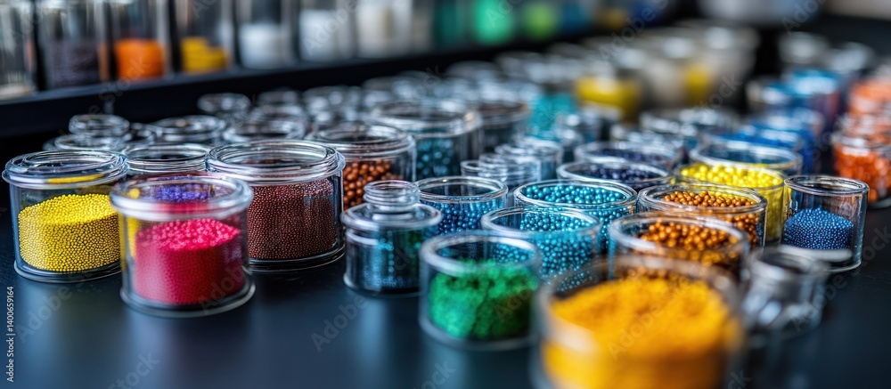Colorful plastic pellets in containers, manufacturing process, lab setting. Possible use stock photo Colorful plastic pellets in containers, manufacturing process, lab setting. Possible use stock photo