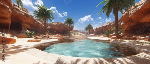 Desert oasis with palm trees water and rock formations under a blue sky.