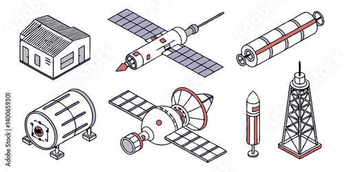 Isometric Space Technology Illustrations: Satellite, Rocket, Tower, Building