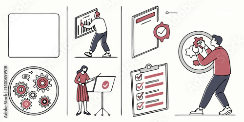 Business Process Management Vector Illustration: Quality Control, Planning, Strategy, Teamwork. Flat Design Style with Checklists, Gears, Documents, Charts, Boards