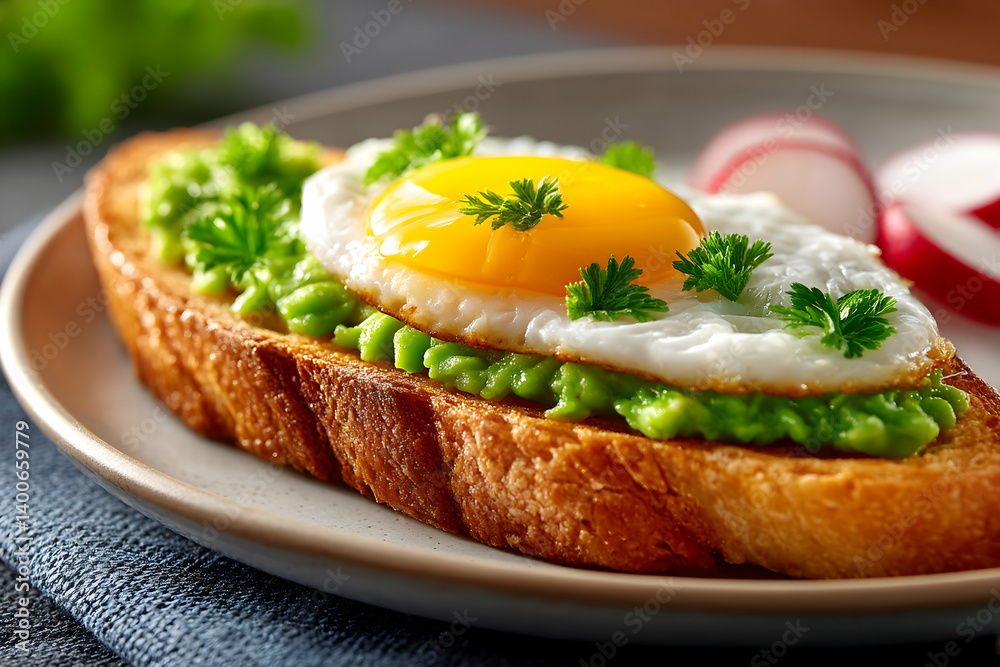 Toasted bread topped with mashed avocado, a fried egg, and parsley, served on a plate with radishes Toasted bread topped with mashed avocado, a fried egg, and parsley, served on a plate with radishes