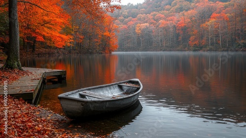 Autumn lake scene with boat