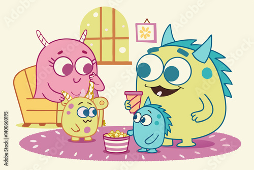 Adorable Cute Colorful Cartoon Monster Family Movie Night Popcorn Kids Illustration Family Fun