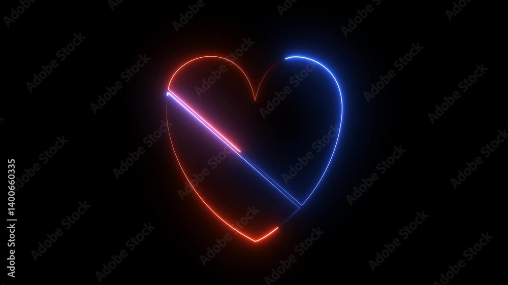 Animation icon of a broken red and blue heart 4k on black background. Luminous neon pink broken heart icon animation. Concept of unrequited love broken heart neon sign animation Neon broken heart.