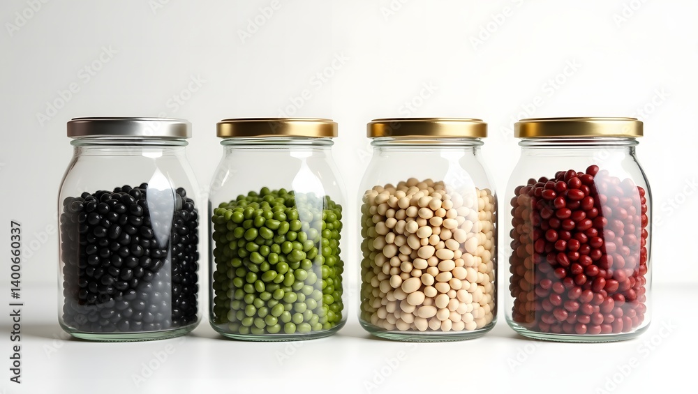 display of four glass jars with colorful bean varieties display of four glass jars with colorful bean varieties