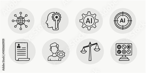 AI Technology Concept Icons: Machine Learning, Global Network, Ethics, Data Analysis, Evaluation - Black Line Art Style